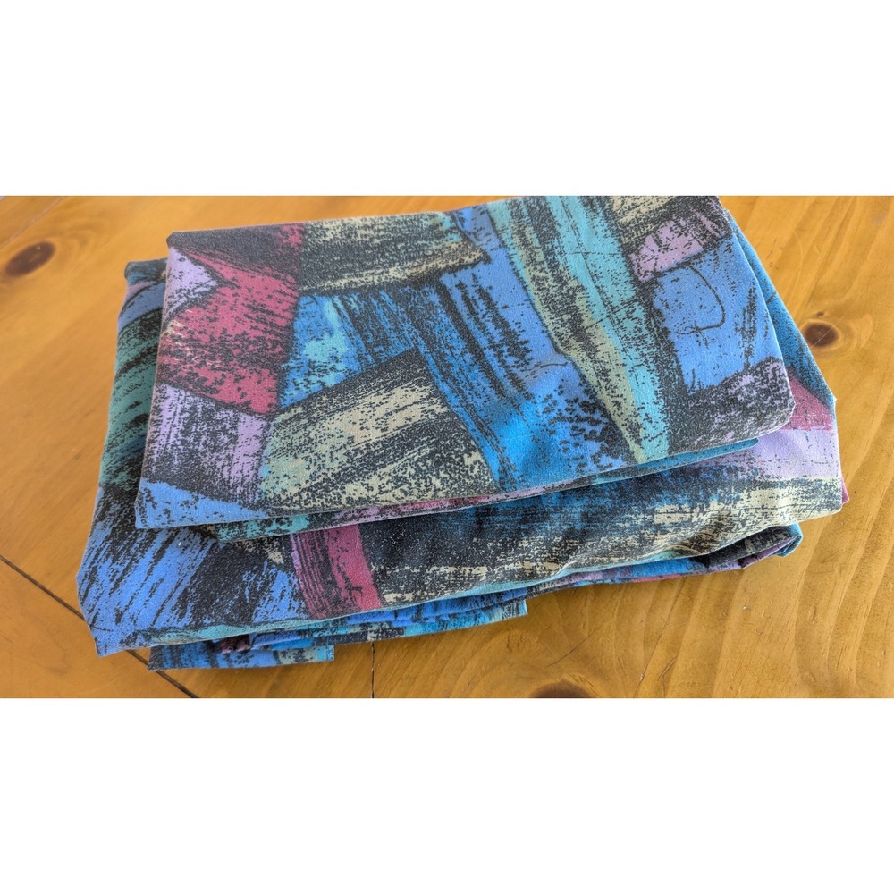 Vintage 90s Abstract Geometric Queen Sheet Set Blue Purple Retro Memphis Design